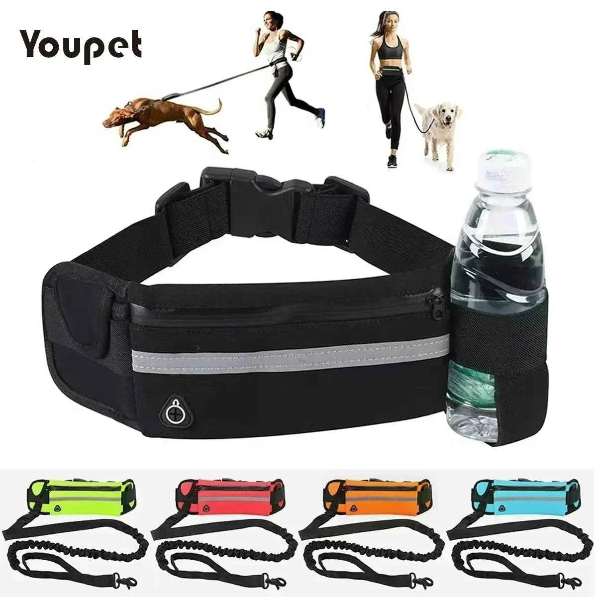 Running Dog Leash with Waist Bag – Elastic 160–220 cm