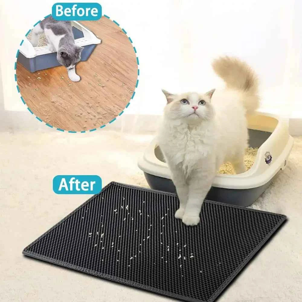 Waterproof cat litter mat in front of a litter box